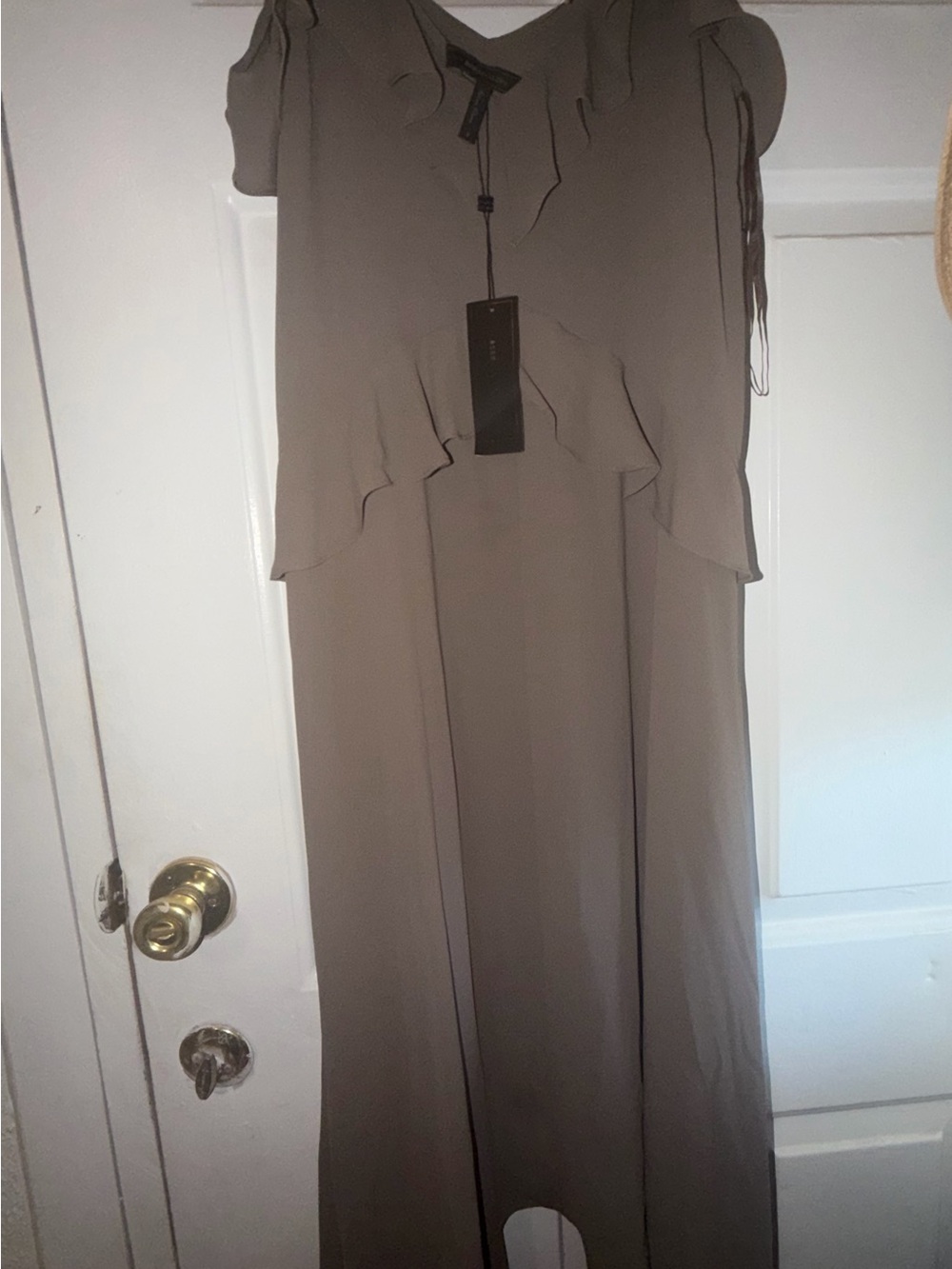 BCBGMaxAzria Taupe Ruffle-Trim Maxi Dress
